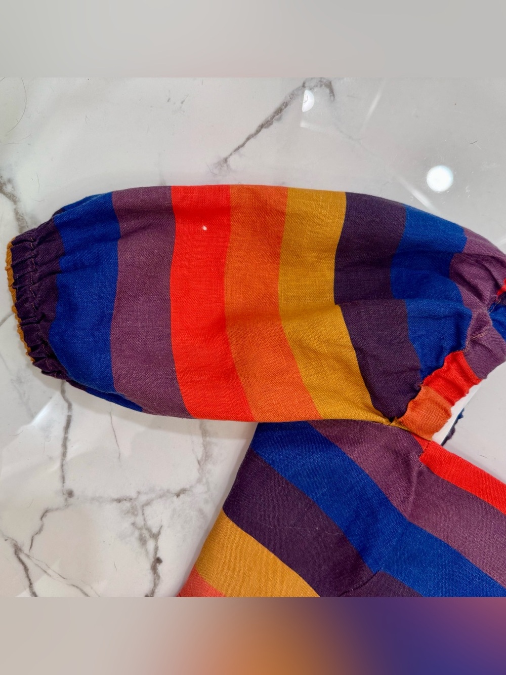 Farm Rio Rainbow Multicolor Striped Short Puff Sleeve Linen Crop Top Size Small - Picture 8 of 11